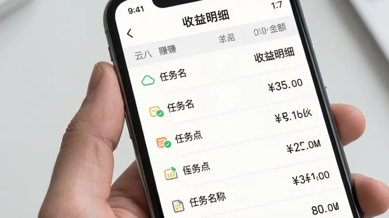 云八赚 收益明细页面 手机屏幕展示收入列表 每条记录包含任务名称和金额 时间排序 背景白色 数字清晰 风格极简 无多余装饰 高清画质