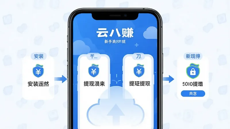 云八赚 新手操作流程图 手机屏幕展示从安装到提现的步骤 分步标注 简洁风格 蓝色主色调 文字清晰 无多余元素 高清画质