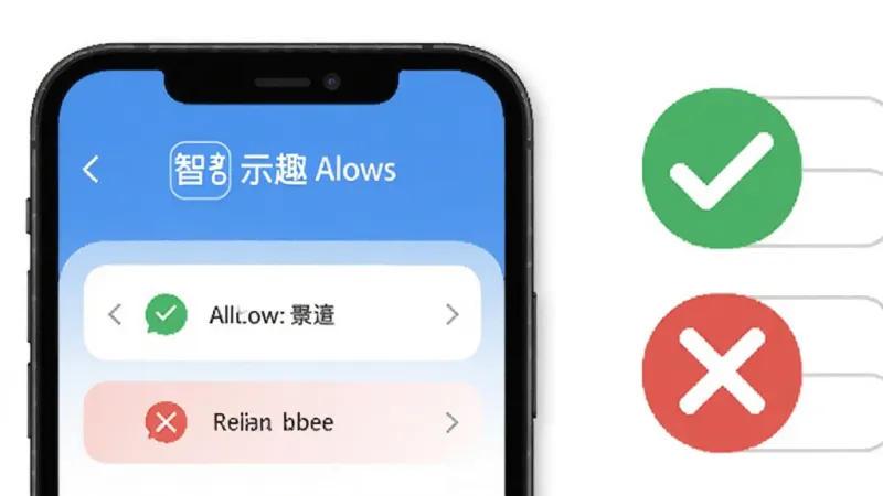 一幅展示手机应用权限设置界面的示意图，画面中手机屏幕显示炯为智趣的权限管理页面，旁边有对勾和叉号图标表示允许和拒绝，整体风格简洁，色彩明快，画质干净，无多余元素