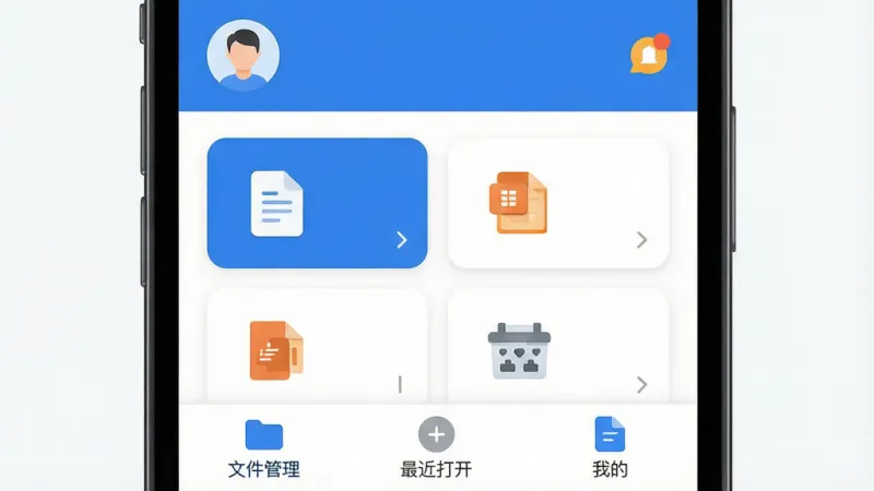 一张展示东朔办公移动端主界面的图片，主体是手机屏幕，布局为顶部显示用户头像和消息通知，中间是文档、表格、演示文稿、扫描四大功能卡片，底部为文件管理、最近打开、我的三个选项卡，排版简洁整齐，风格为现代扁平化设计，细节上图标圆润，配色以蓝白为主，画质清晰干净，无多余元素。