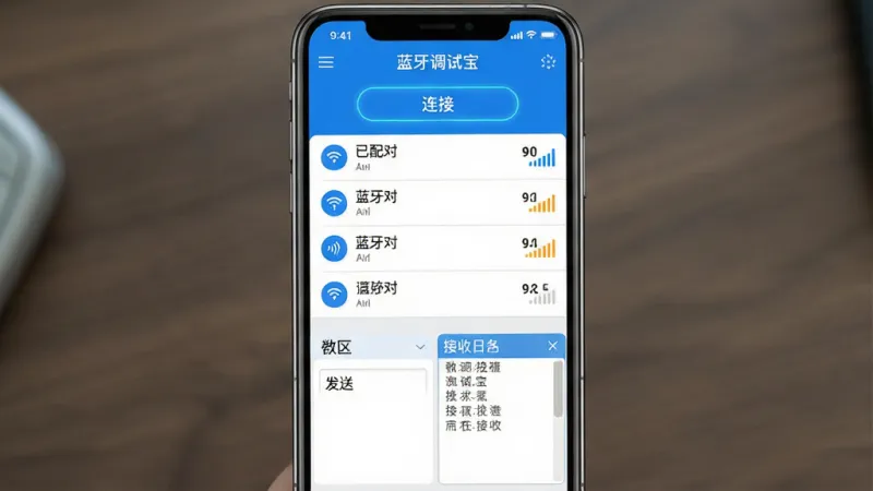 一张展示蓝牙调试宝软件核心界面的图片。主体是手机屏幕，屏幕内显示着蓝牙调试宝的应用主界面，顶部有设备扫描按钮，中间列表显示着已配对和附近可连接的蓝牙设备名称与信号强度，底部有发送区和接收日志窗口。布局为手机正面居中摆放。排版清晰，界面文字如“蓝牙调试宝”、“连接”、“发送”清晰可见。风格为现代扁平化科技风，蓝白配色为主。细节包括干净的图标、清晰的列表分割线、微微发光的按钮。画质高清，干净，无多余元素。