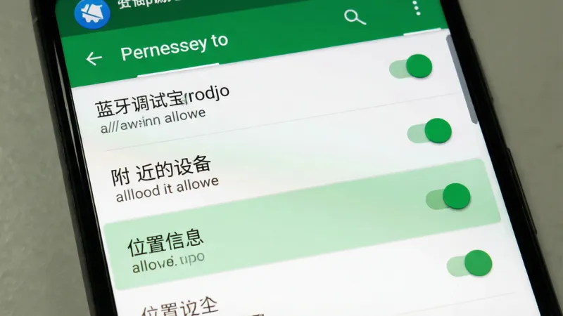 一张展示蓝牙调试宝权限设置界面的图片。主体是手机屏幕，屏幕内是安卓系统的应用权限管理页面，显示着蓝牙调试宝的权限列表，其中“附近的设备”和“位置信息”权限被高亮标注为已允许状态。布局为手机正面特写。排版为列表式。风格为原生安卓设置界面风格，白底黑字。细节包括权限开关的绿色状态、清晰的权限名称文字。画质高清，干净，无多余元素。