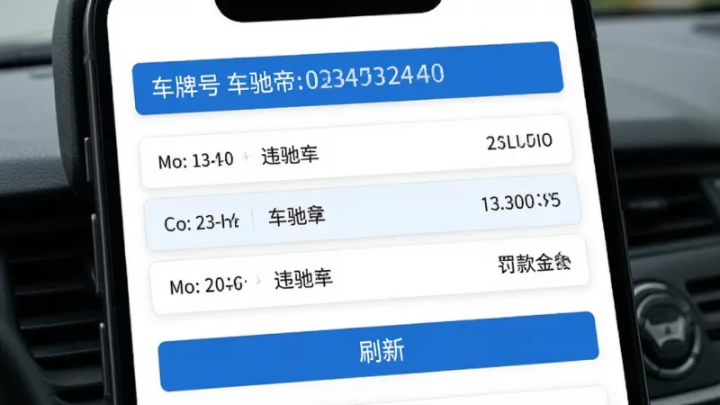 车驰帝 违章查询功能界面，顶部显示车牌号，中间列出违章记录条目，包含时间地点和罚款金额，底部有刷新按钮，界面以白色和蓝色为主，布局清晰，风格简约现代，画质干净