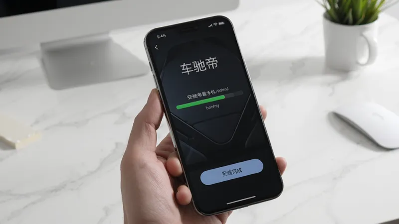 车驰帝 手机安装教程示意图，画面中一只手拿着手机，屏幕上显示安装进度条和完成按钮，背景是干净的桌面，风格写实，画质清晰