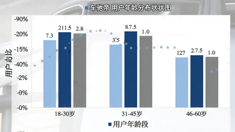 车驰帝 用户年龄分布柱状图，横轴为年龄段18-30岁、31-45岁、46-60岁，纵轴为用户占比，柱子颜色分别为浅蓝、深蓝、灰色，图表风格简洁，标注清晰，画质干净
