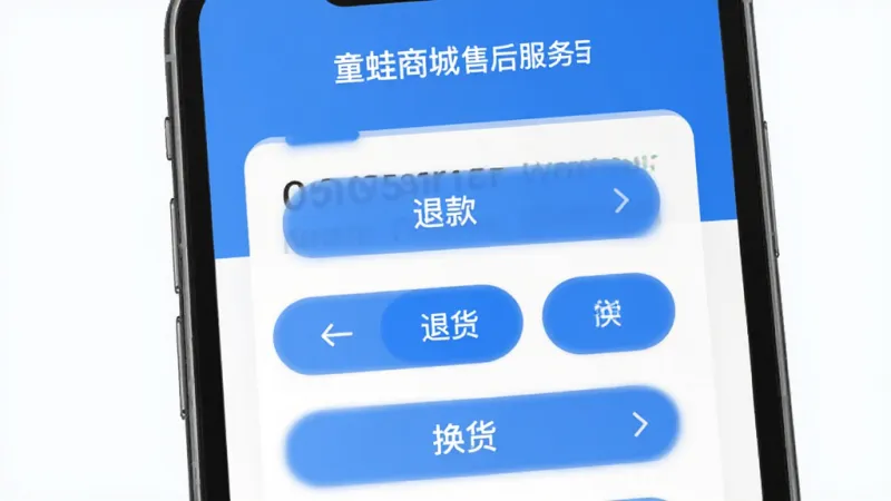 童蛙商城售后服务页面展示,手机屏幕中显示售后申请界面,有“退款”“退货”“换货”选项,界面以蓝色和白色为主,按钮圆润清晰,背景是简洁的订单卡片,风格现代扁平,画质干净无多余元素