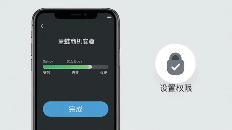 童蛙商城手机安装步骤示意图,手机屏幕显示安装进度条和“完成”按钮,旁边有设置权限的图标,背景是浅灰色,风格简洁清晰,画质干净无多余元素