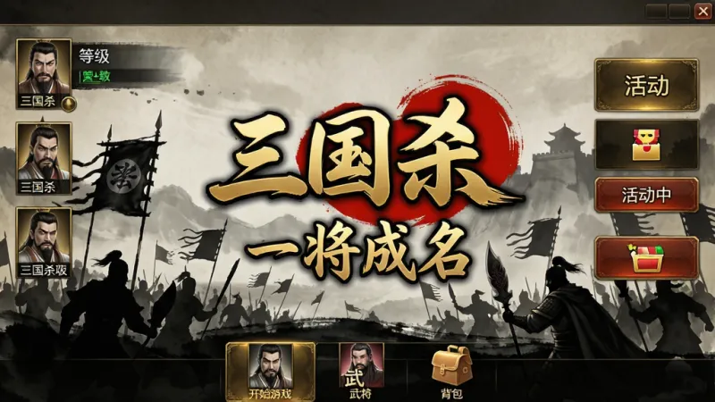 一张展示《三国杀：一将成名》游戏主界面的图片，画面中央是经典的“三国杀”Logo和“一将成名”副标题，背景是水墨风格的三国战场剪影，左侧是玩家头像和等级，右侧是活动入口和商城按钮，底部是开始游戏、武将、背包等导航栏，整体风格古风写实，色彩以暗金和朱红为主，画质清晰，干净无多余元素