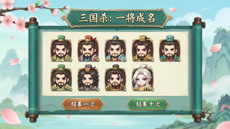 一张展示《三国杀：一将成名》武将招募界面的图片，画面中是一个古风卷轴样式的UI，卷轴上排列着多位三国武将的Q版头像，下方有招募一次和招募十次的按钮，背景是飘落的桃花瓣和远山，整体风格清新明快，色彩以青绿和米白为主，画质干净无多余元素