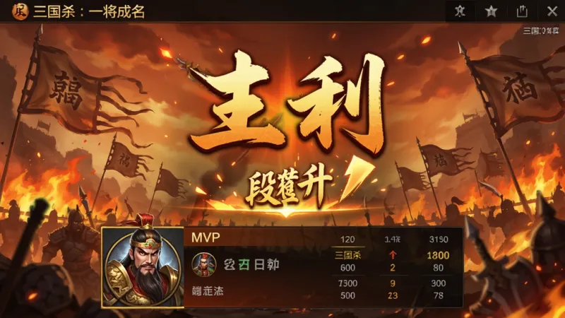 一张展示《三国杀：一将成名》排位赛结算界面的图片，画面中央是胜利两个大字和段位提升的动画，背景是燃烧的战场和飘扬的战旗，下方是MVP玩家的武将立绘和战绩数据，整体风格热血激昂，色彩以橙红和金色为主，画质清晰，干净无多余元素