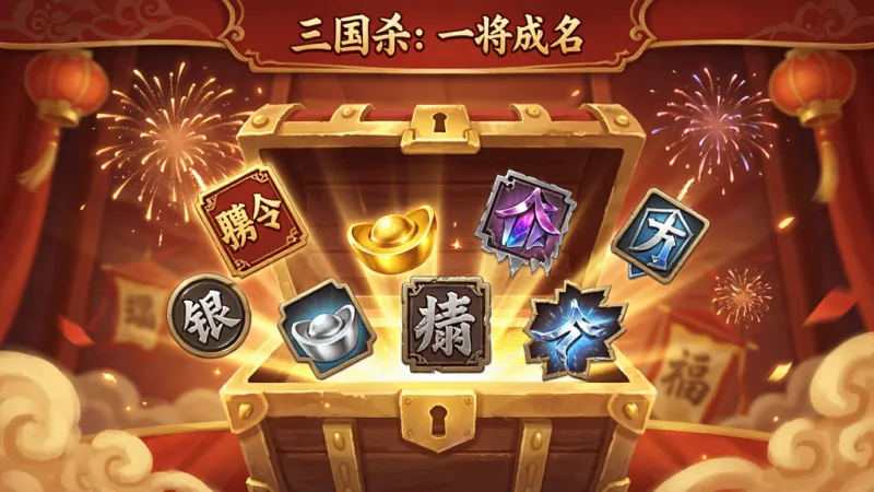 一张展示《三国杀：一将成名》活动福利界面的图片，画面中是一个古风宝箱打开的特效，宝箱里飞出各种道具图标，包括招募令、银两、皮肤碎片等，背景是喜庆的红色和金色，周围有烟花绽放，整体风格热闹欢快，画质干净无多余元素