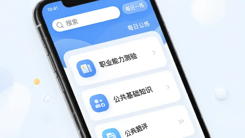 事业单位刷题库软件主界面展示，手机屏幕中央显示题库分类列表，包含职业能力测验和公共基础知识等科目入口，顶部有搜索框和每日一练按钮，背景简洁明快，蓝白配色为主，界面布局清晰，图标圆润现代，画质干净无多余元素