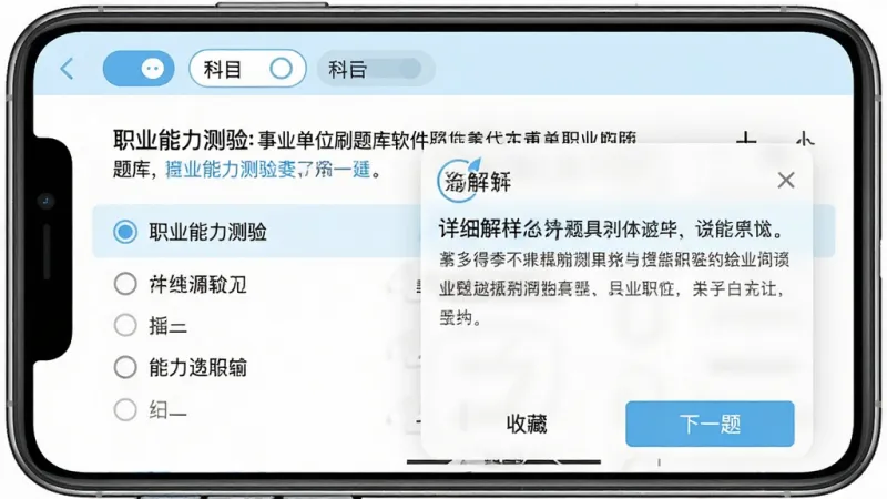 事业单位刷题库软件题库界面截图，手机屏幕显示一道职业能力测验题目，题干下方有四个选项，选中后弹出详细解析浮层，解析文字清晰，界面以白色和浅蓝色为主，顶部有科目切换标签，底部有收藏和下一题按钮，画质干净整洁无多余元素
