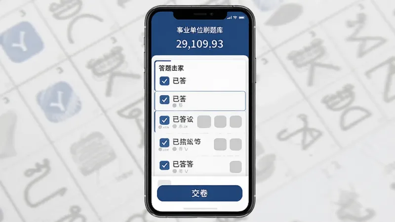 事业单位刷题库软件模拟考试界面，手机屏幕显示考试倒计时和答题卡，答题卡上部分题目标记蓝色已答、部分灰色未答，底部有交卷按钮，整体风格严肃简洁，配色以深蓝和白色为主，文字清晰，布局规整，画质干净无多余元素