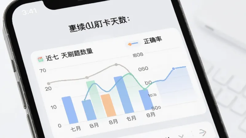 事业单位刷题库软件学习统计页面，手机屏幕显示近七天刷题数量柱状图和正确率折线图，顶部有连续打卡天数显示，配色柔和，图表清晰易读，背景为浅灰色，整体风格简约现代，画质干净无多余元素
