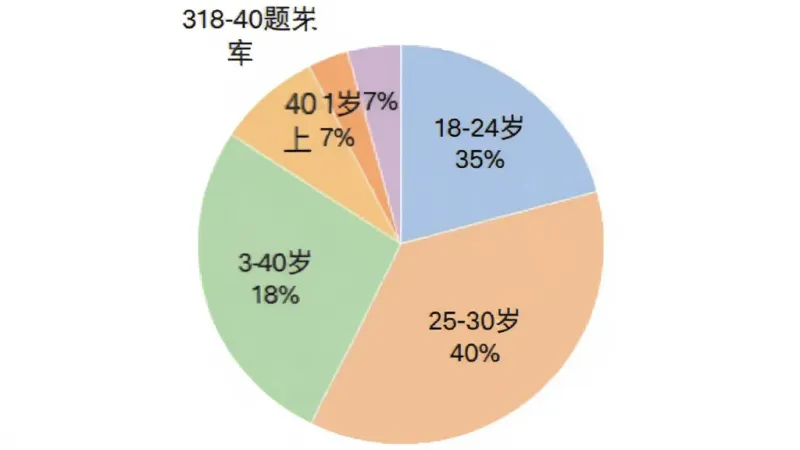 事业单位刷题库软件用户年龄分布饼状图，图表分为四个扇形区域分别标注18-24岁35%、25-30岁40%、31-40岁18%、40岁以上7%，配色柔和区分明显，背景白色，文字清晰，整体风格简洁专业，画质干净无多余元素