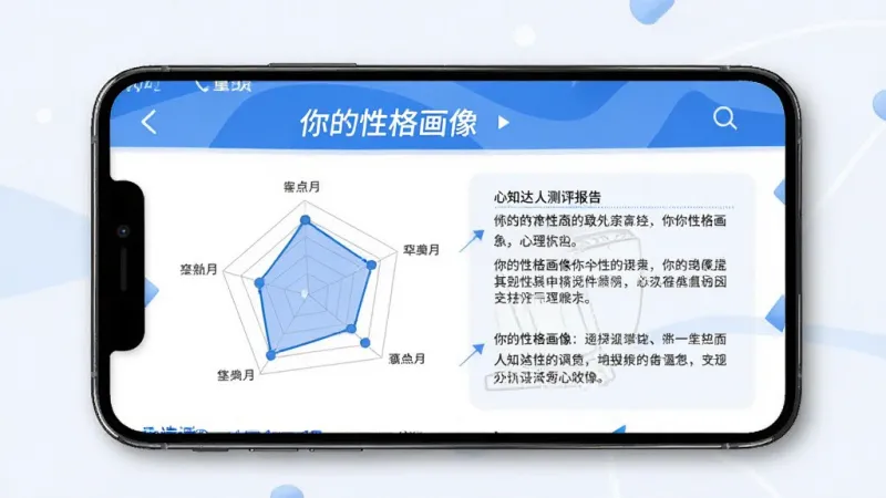 心知达人测评报告页面，手机屏幕显示一份图文并茂的心理报告，有雷达图和文字解读模块，标题写着“你的性格画像”，界面整洁，配色以蓝白为主，风格专业且易读，画质清晰，无多余元素。