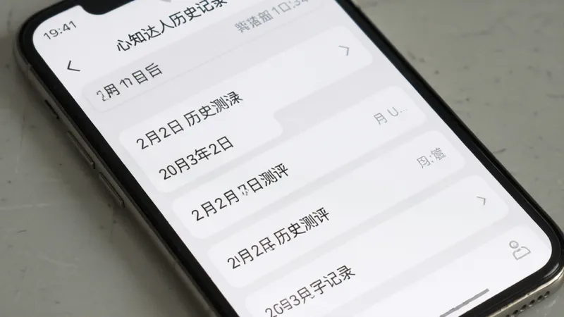 心知达人历史记录页面，手机屏幕显示按时间排列的测评记录列表，每条记录有日期和测评名称，界面清爽，以白色和浅灰色为主，风格极简，画质干净，无多余元素。