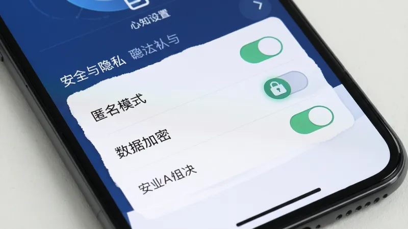 心知达人隐私设置界面，手机屏幕显示安全与隐私选项，有“匿名模式”“数据加密”等开关按钮，界面设计沉稳，以深蓝色和白色为主，风格安全可靠，画质清晰，无多余元素。