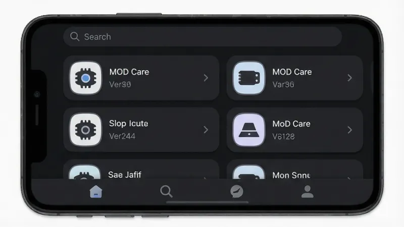 一张展示“MOD Care”应用主界面的手机截图，主体是深色主题的手机屏幕，布局顶部为搜索栏，中间是模组列表卡片，每张卡片显示模组图标、名称和版本号，底部有四个导航按钮。排版简洁整齐，风格现代扁平化，细节包括卡片圆角和微阴影，画质干净清晰，无多余元素。