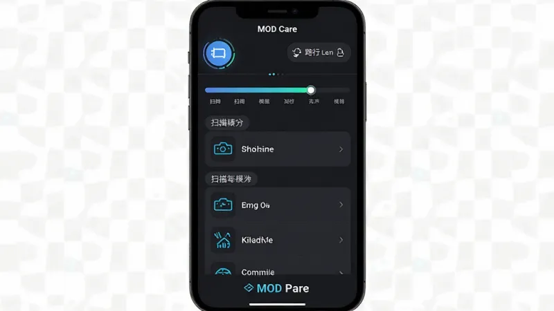 一张“MOD Care”应用内模组扫描界面的手机截图，主体是手机屏幕显示扫描进度条和已识别模组列表，布局顶部为扫描按钮和path选择，中间列表按类别分组显示模组图标与名称，底部显示扫描完成数量。排版清晰有层次，风格科技感深色系，细节包括进度动画和分类标签，画质干净锐利，无多余元素。
