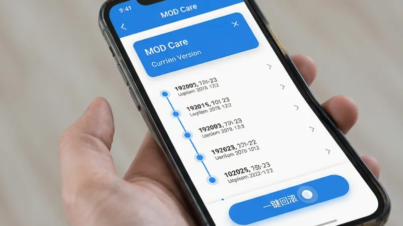 一张“MOD Care”应用内版本管理界面的手机截图，主体是手机屏幕显示模组版本列表，布局顶部为当前版本信息卡片，中间是历史版本时间轴，每个节点显示版本号和更新日期，底部有一键回滚按钮。排版纵向清晰，风格简约蓝色调，细节包括时间轴连接线和按钮微动效，画质干净无多余元素。