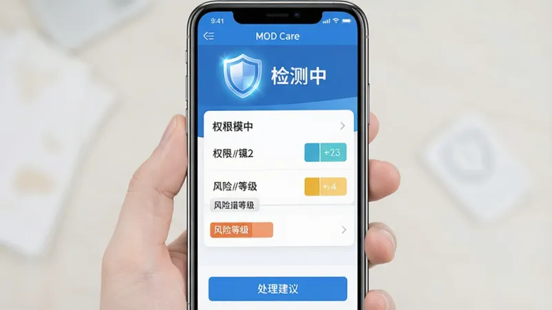 一张“MOD Care”应用内安全检测界面的手机截图，主体是手机屏幕显示模组安全扫描结果，布局顶部为盾牌图标和检测中文字，中间是权限列表和风险等级标签，底部为处理建议按钮。排版层次分明，风格安全蓝白配色，细节包括盾牌光效和风险等级色块，画质干净无多余元素。