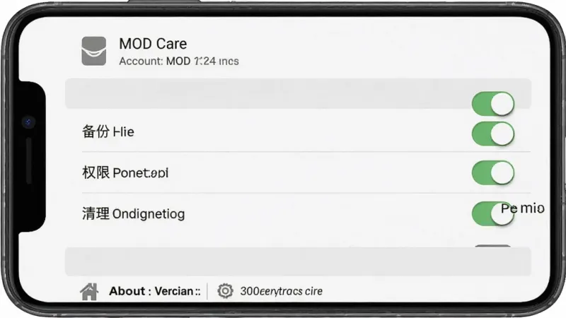 一张“MOD Care”应用内设置界面的手机截图，主体是手机屏幕显示各项设置开关，布局顶部为账户信息，中间是备份、权限、清理等设置项列表，底部为关于版本号。排版整齐清晰，风格简约灰色调，细节包括开关按钮和列表分割线，画质干净无多余元素。
