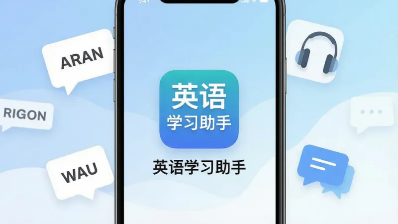 一个简洁清爽的手机英语学习应用界面，屏幕中央显示“英语学习助手”APP图标和名称，背景是柔和的蓝白渐变色，周围漂浮着单词卡片、耳机图标、对话气泡等学习元素，整体风格现代扁平化，画质干净清晰，无多余元素
