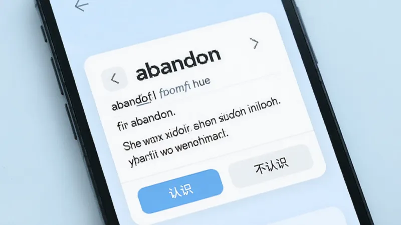 一个手机屏幕显示英语单词卡片界面，卡片上写着“abandon”，下方有音标和例句，旁边有“认识”和“不认识”两个按钮，背景是淡蓝色，风格简洁清新，画质干净无多余元素