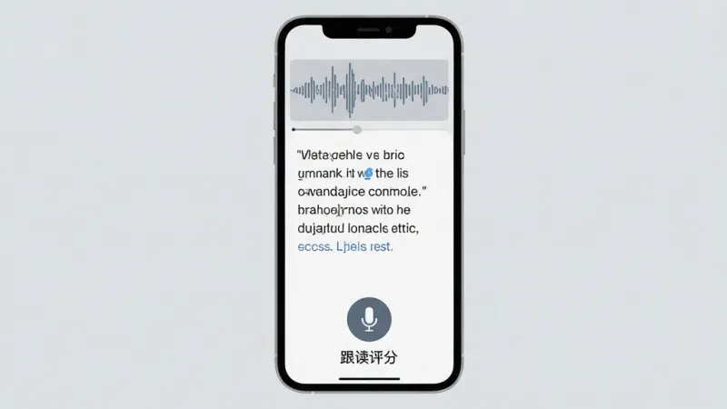 手机屏幕展示英语听力练习界面，上方是音频波形图，中间是对话文本，下方有麦克风按钮和跟读评分显示，背景为浅灰色，整体布局清晰，风格现代扁平，画质干净无多余元素