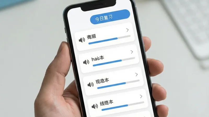 手机屏幕显示生词本列表界面，每个单词旁边有小喇叭图标和复习进度条，顶部有“今日复习”按钮，背景为白色卡片式设计，风格清爽简约，画质干净无多余元素