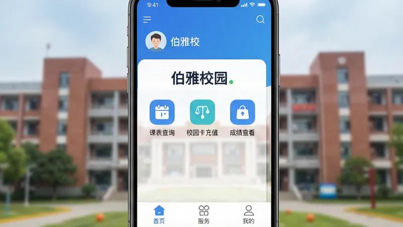 一张展示手机屏幕的图片，屏幕中央是“伯雅校园”App的主界面，界面以蓝白配色为主，顶部显示用户头像和姓名，中间有课表查询、校园卡充值、成绩查看三个功能图标，底部是首页、服务和我的三个选项卡，背景是模糊的校园教学楼，整体风格清新简洁，画质清晰，无多余元素