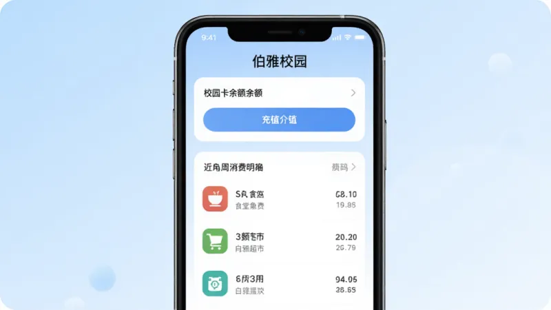 一部手机屏幕显示“伯雅校园”的校园卡充值界面，界面顶部有校园卡余额和充值按钮，下方是近一周的消费明细列表，包括食堂、超市等图标，背景是淡蓝色渐变，风格简洁现代，画质干净，文字清晰无杂乱元素