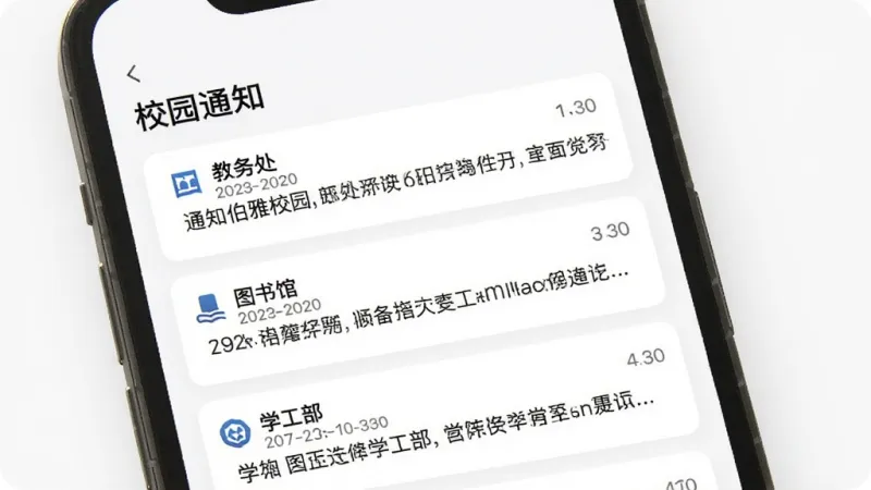 手机屏幕展示“伯雅校园”的通知聚合页面，页面顶部有“校园通知”标题，下方是几条通知卡片，分别标注“教务处”“图书馆”“学工部”等来源，卡片上有时间戳和摘要文字，背景是白色，风格极简，画质清晰，无多余装饰