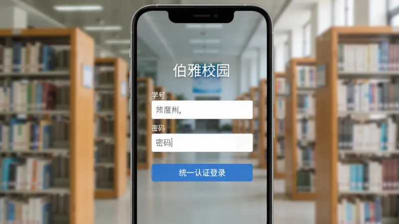 一部安卓手机屏幕显示“伯雅校园”的登录界面，界面上有学号输入框和密码输入框，下方有“统一认证登录”按钮，背景是校园图书馆的虚化照片，风格清爽，画质清晰，无杂乱元素