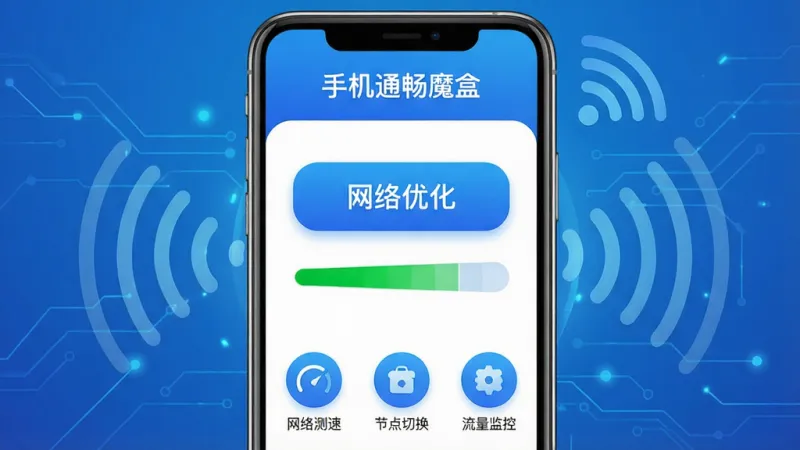手机通畅魔盒软件核心全貌展示，画面中央是一部智能手机，屏幕显示手机通畅魔盒主界面，界面顶部有