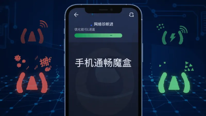 手机通畅魔盒智能网络诊断功能展示图，画面中一部手机屏幕显示网络诊断进度条和优化前后的对比数据，左侧是红色拥堵的网络信号图标，右侧是绿色畅通的信号图标，中间有
