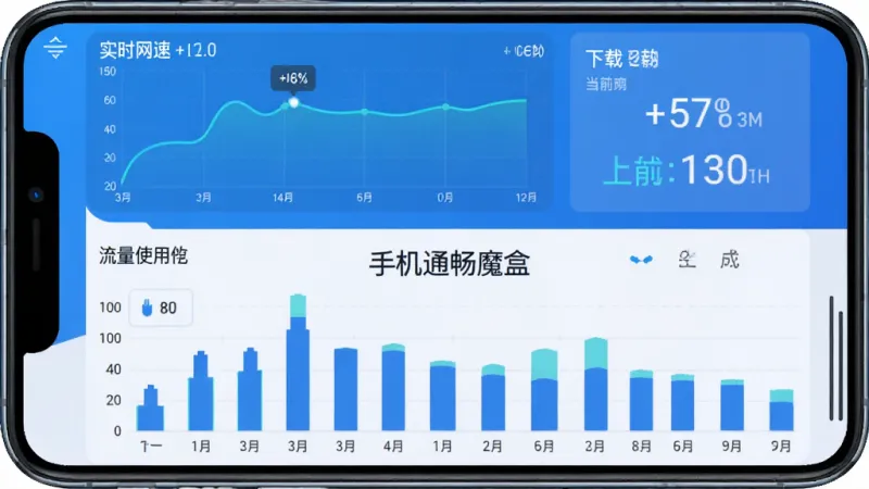 手机通畅魔盒网速监控与流量统计界面，手机屏幕上半部分显示实时网速曲线图和当前下载上传速度，下半部分显示流量使用柱状图，标注