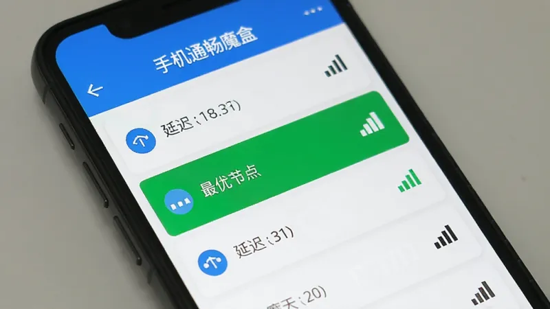 手机通畅魔盒节点切换操作界面，手机屏幕显示节点列表页面，每个节点旁边有延迟数值和信号强度图标，其中最优节点用绿色高亮标注，页面顶部有