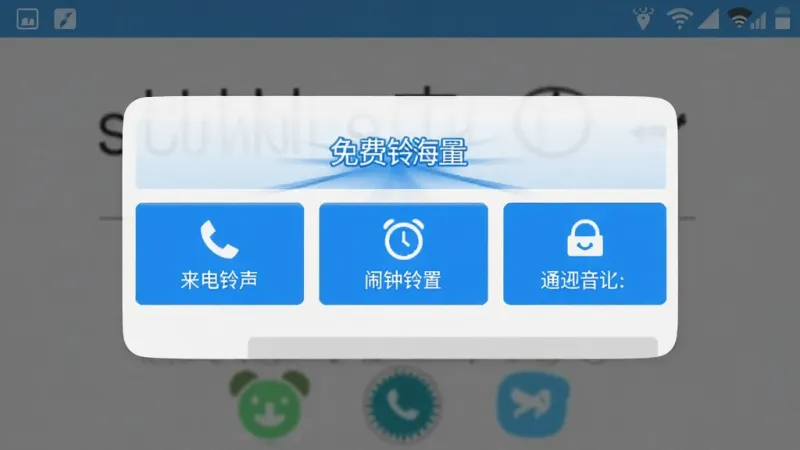 免费铃声海量 设置弹窗界面 三个选项按钮 来电铃声 闹钟铃声 通知音 手机屏幕截图 简洁UI 蓝色高亮 清晰易读