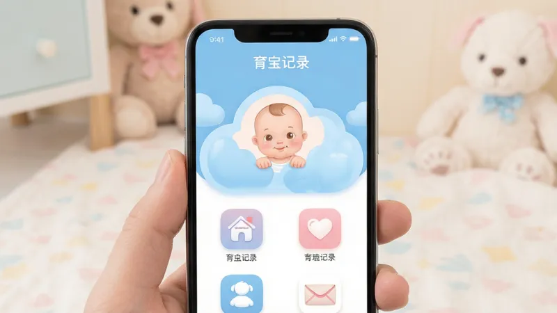 宝宝云 手机界面 展示 育儿记录 应用 主屏幕 简洁 温馨 风格 蓝色 粉色 柔和 色调 图标 清晰 布局 整齐 干净 无多余元素 高清 画质