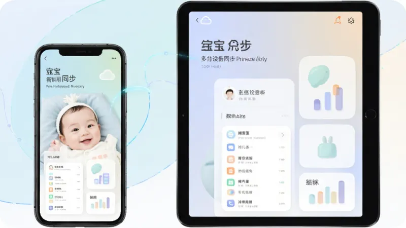 宝宝云 多设备 同步 示意图 手机 平板 同时 显示 同一 育儿 数据 界面 一致 风格 现代 简洁 科技感 柔和 色调 干净 背景 高清 画质