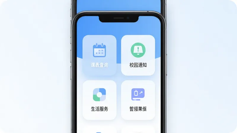 卫灿App主界面展示，手机屏幕中央显示校园服务功能卡片，包含课表查询、校园通知、生活服务等图标，背景为清爽的蓝白渐变，界面布局简洁清晰，风格现代扁平，细节圆润，画质干净无多余元素
