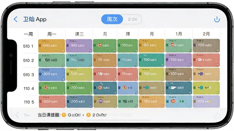 卫灿App课表管理界面，手机屏幕显示一周课程表格，不同课程用彩色色块区分，顶部有周次切换按钮，底部显示当日课程提醒，界面排版整齐，风格简洁明快，画质清晰干净