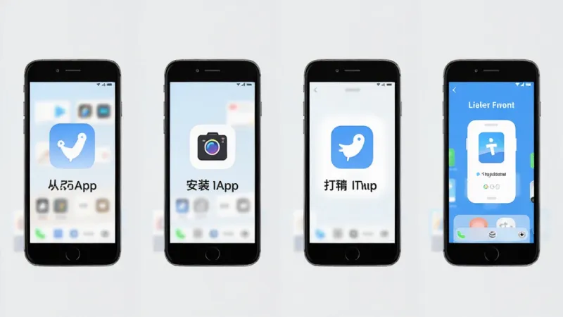 卫灿App安装使用流程图，手机屏幕显示从下载到安装再到打开使用的四个步骤画面，每个步骤配有简单图标和文字说明，背景为浅灰色，风格扁平化，画质清晰干净