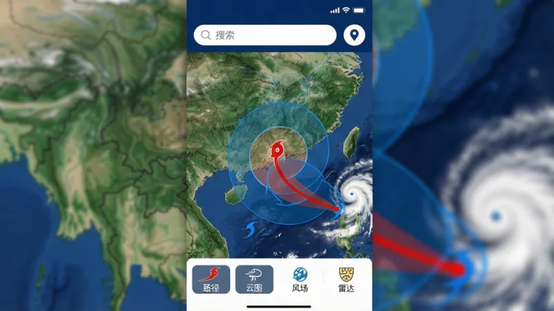 一张展示实时台风路径App主界面的手机截图,画面中央是一张中国东南沿海地图,地图上有一条醒目的红色台风路径线,周围分布着蓝色风圈和白色云图,顶部有搜索框和定位图标,底部排列着路径、云图、风场、雷达等功能按钮,整体风格简洁现代,配色以深蓝和白色为主,画面干净无多余元素,文字标签清晰可辨,画质高清