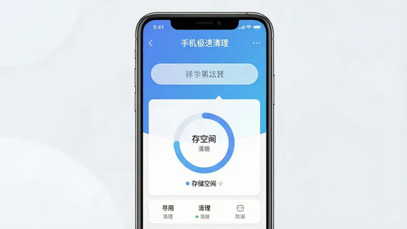 一张手机屏幕显示手机极速清理应用主界面的详细画面，主体是一部竖屏智能手机，布局为居中展示，排版是手机屏幕占画面主体，风格为现代扁平科技风，细节包括屏幕内显示“手机极速清理”应用界面，有醒目的清理按钮和存储空间圆环图，背景为简约的蓝白渐变色调，画质干净清晰，无多余元素