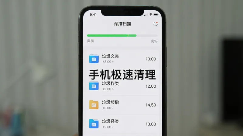 一个手机屏幕画面，主体是手机极速清理应用的深度扫描功能界面，布局为上下结构，上方显示扫描进度条，下方列出已发现的垃圾文件分类，排版整齐，风格是简洁明快的工具类APP风格，细节包括文件图标和大小数字，画面中央有“手机极速清理”的文字标识，画质清晰，无多余元素
