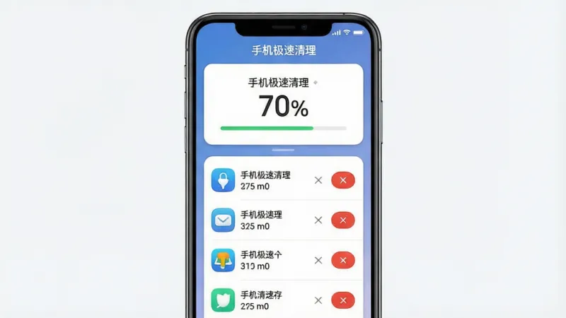一张展示手机极速清理内存加速功能的画面，主体是手机屏幕，布局为居中，排版是上方显示内存占用百分比，下方是应用列表和关闭按钮，风格为简洁的卡片式设计，细节包括不同应用的图标和内存占用数值，屏幕中有“手机极速清理”字样，画质干净，无多余元素